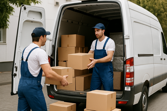 Beiladung Stuttgart – Kartons werden in einen geteilten Transporter geladen
