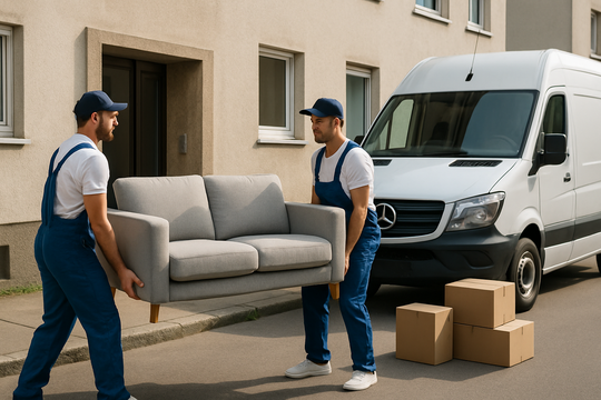 Beiladung Stuttgart – Sofa wird zu zweit aus dem Haus getragen